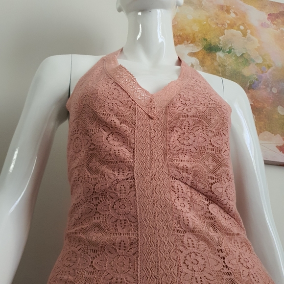 Guess Size 10 Halter Tie Back Dusty Pink Lace Maxi Dress - Picture 7 of 15